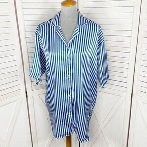 Victoria’s Secret Vintage Striped Satin Sleep Shirt White Blue Small Button Up